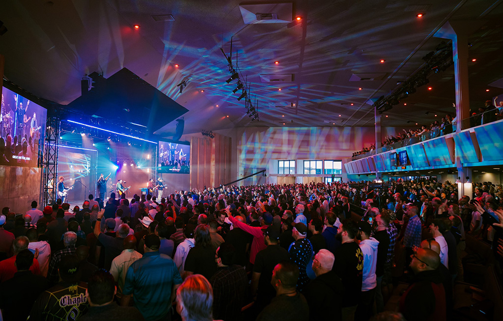 The congregation at Harvest Church attends a worship service.